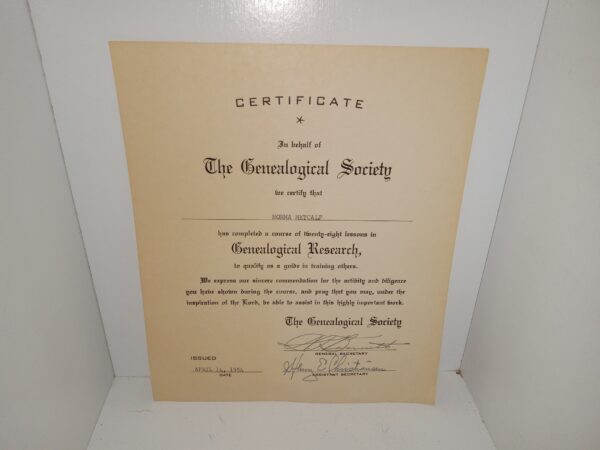 Certificate In Behalf of The Genealogical Society (Filled Out 1954 for Norma Metcalf)