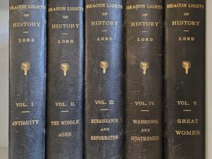 1883 — Beacon Lights of History — John Lord — 5 Volumes / 3/4 Leather Bindings