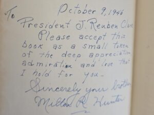 Leather Book Inscribed by Milton R. Hunter to J. Reuben Clark