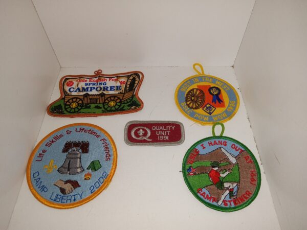 5 Scouting Patches: Quality Unit 1991 / Olde English Fort Spring Camporee '90 / Best in the West GSLC Pow Wow 1996 / Life Skills & Lifetime Friends Camp Liberty 2002 / GSLC I Hang Out At Camp Steiner 1991