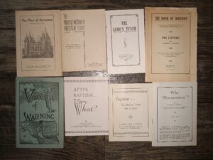 8 LDS Pamphlets: The Plan of Salvation / The Word of Wisdom in Practical Terms / The Lord’s Tenth / The Book of Mormon: An Account of Its Origin, With Evidences of Its Genuineness and Authenticity / Voice of Warning / After Baptism…What? / Baptism – – The Birth of Water and of Spirit / Why “Mormonism”?