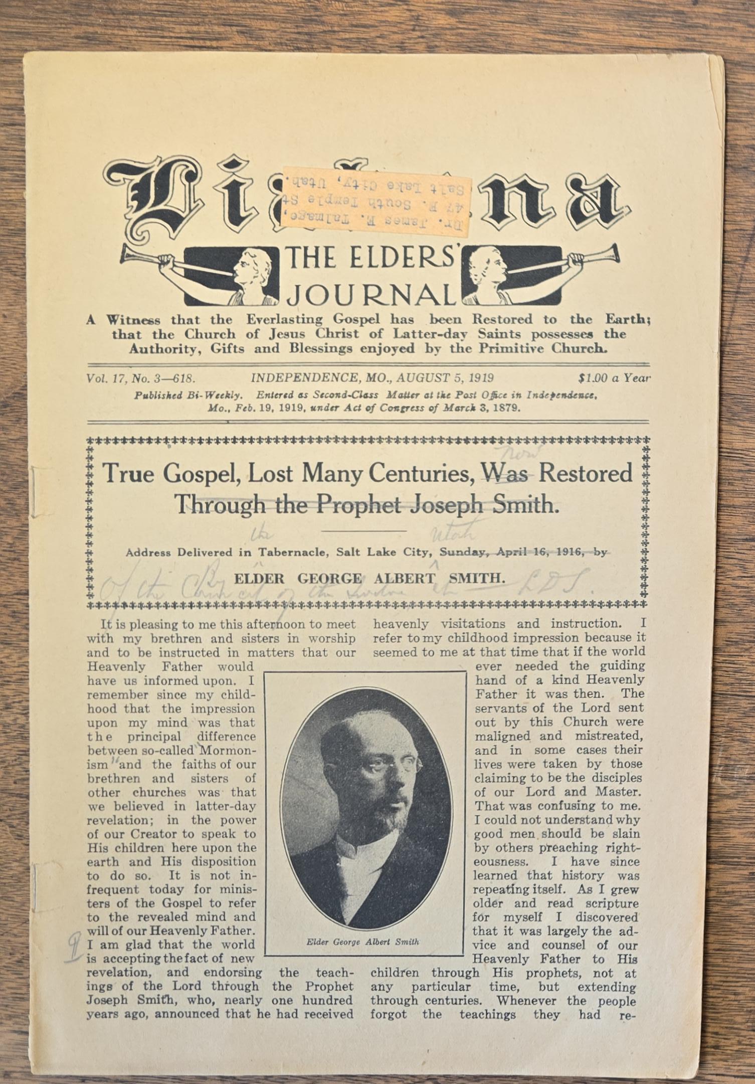 1919 — Liahona: The Elder’s Journal — Mailed to Elder James E. Talmage (markings in the text may be his)