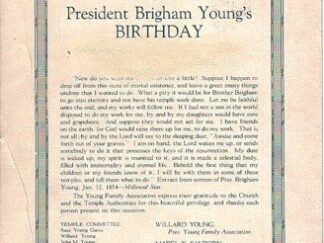 Memorial Evening Service in the Salt Lake Temple in Honor of President Brigham Youngs Birthday [cards] Willard Young,Susa Young Gates,Mabel Y. Sanborn,Spencer Young,John M. Young,Persis Y. Richards,Zina Y. Card,Seraph Y. White,Maria Y. Dougall,Josephine Beatie Burton