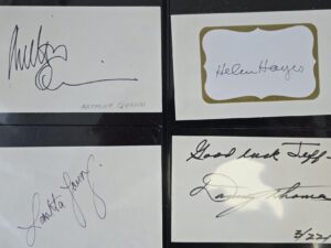 8 3×5 Cards with Signatures of Bob Hope, Rodney Dangerfield, George Burns, Helen Hayes, Loretta Lynn, Anthony Quinn, Danny Thomas, & one unidentified