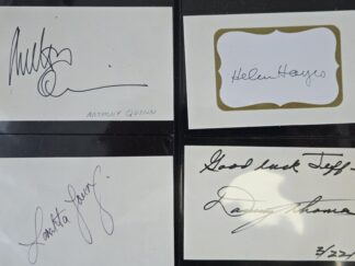 8 3×5 Cards with Signatures of Bob Hope, Rodney Dangerfield, George Burns, Helen Hayes, Loretta Lynn, Anthony Quinn, Danny Thomas, & one unidentified