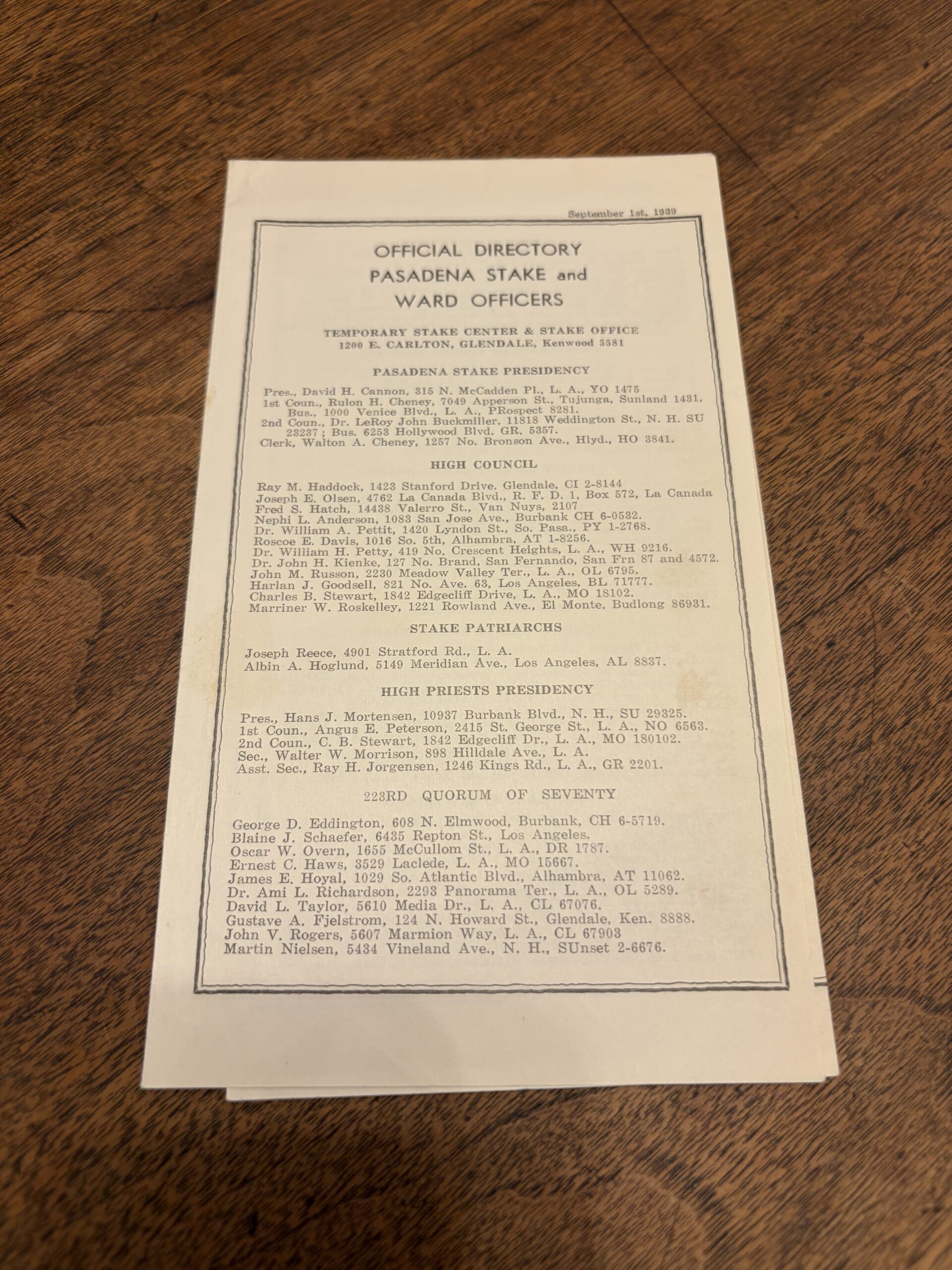 Official Directory Pasadena: Stake and Ward Officers – 1939