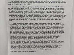 Photocopy of the Funeral of Elder Bruce R. McConkie April 22, 1985