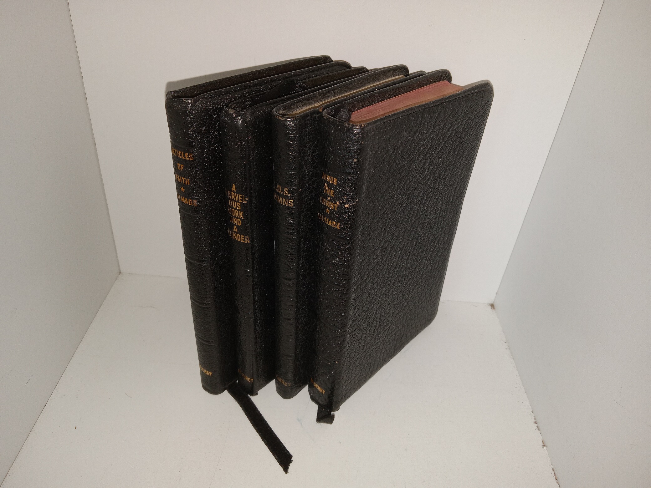 4 Pocket Edition LDS Books in Black Leather (1961, 1961, 1962, 1968)
