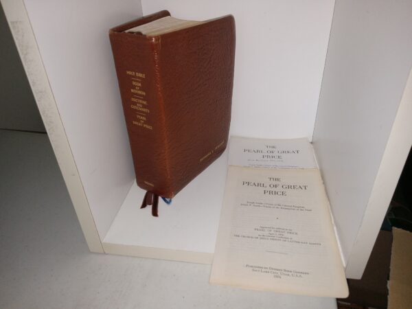 LDS, Brown Leather, Quadruple Combination w/ 2 copies of the Pamphlet “The Pearl of Great Price: Joseph Smith—Vision of the Celestial Kingdom/Joseph F. Smith—Vision of the Redemption of the Dead (1976)