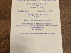 Church of Jesus Christ of Latter-Day Saints Testimonial for Robert D. King – Sunday, Dec 27, 1959