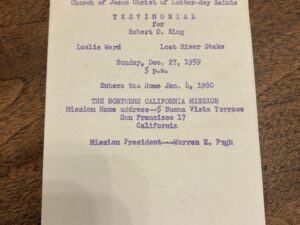 Church of Jesus Christ of Latter-Day Saints Testimonial for Robert D. King – Sunday, Dec 27, 1959