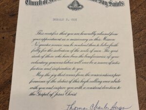 Church of Jesus Christ of Latter-Day Saints Missionary Release Certificate – Donald B. Cox – April 24, 1974