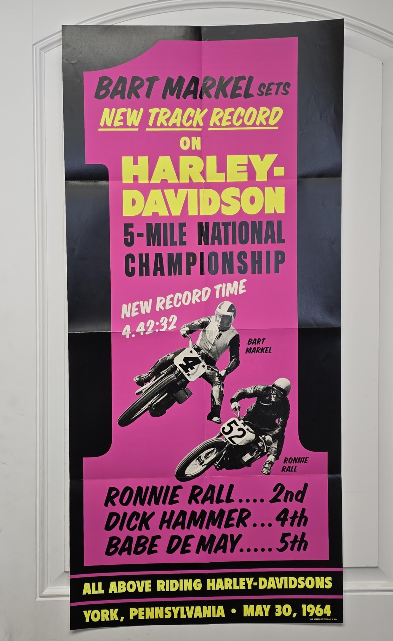 36″ x 17″ — Harley-Davidson Poster — York, Pennsylvania, May 30, 1964 — “Bart Markel Sets New Track Record on Harley-Davidson 5-Mile National Championship