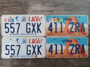 4 Old Utah License Plates (2 pairs of Identical Plates): “557 GXK” / “411 ZRA”