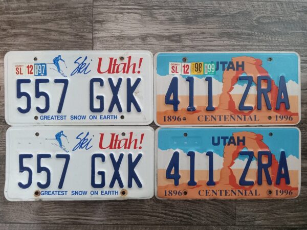 4 Old Utah License Plates (2 pairs of Identical Plates): "557 GXK" / "411 ZRA"