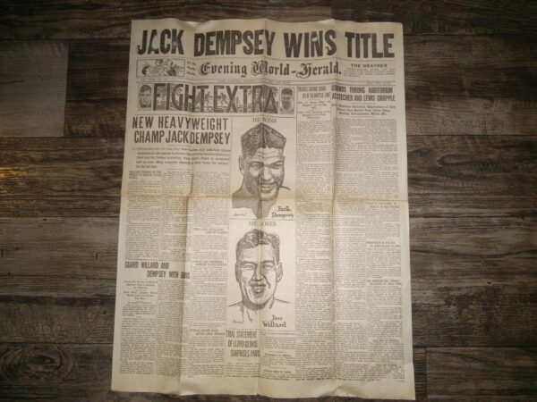 Evening World - Herald: Vol. 34, No. 267, Omaha, Nebraska, Thursday, July 3, 1919: Jack Dempsey Wins Title (Front Page) (Newspaper) (1919)