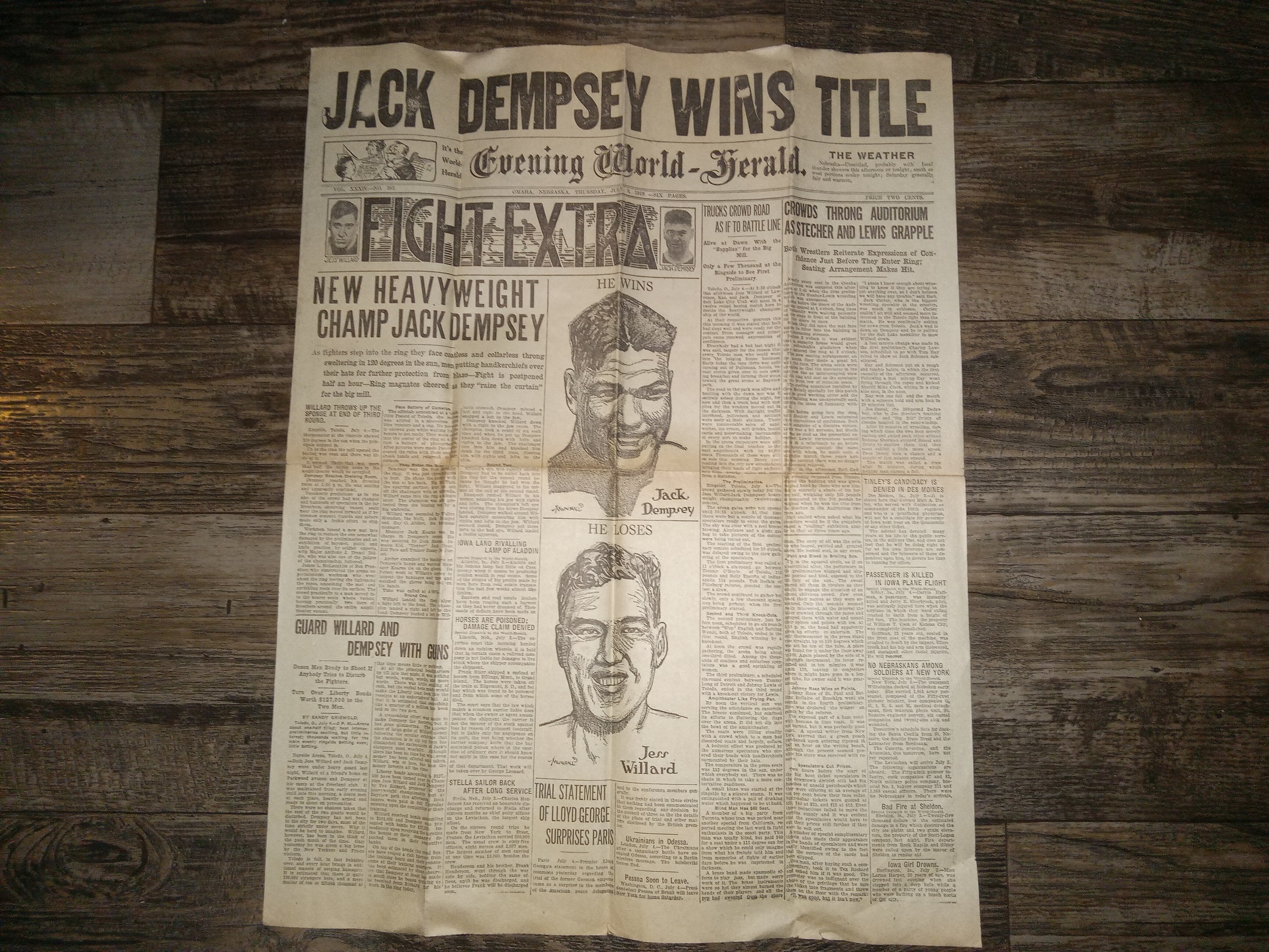 Evening World – Herald: Vol. 34, No. 267, Omaha, Nebraska, Thursday, July 3, 1919: Jack Dempsey Wins Title (Front Page) (Newspaper) (1919)