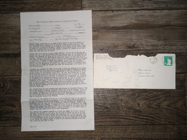 Patriarchal Blessing of Donald Burton Cox w/ Original envelope (1970) ~ Blessing Given by Willard H. Clarke