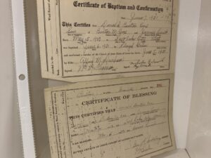 Ronald Burton Cox – 1923 LDS Blessing Certificate and his 1931 Baptismal Certificate