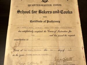 United States Army: School for Bakers and Cooks Certificate of Proficiency for Marvin P. Wright – Given at Camp Roberts, California this 4th day of April in the year Nineteen Hundred and Forty-Five