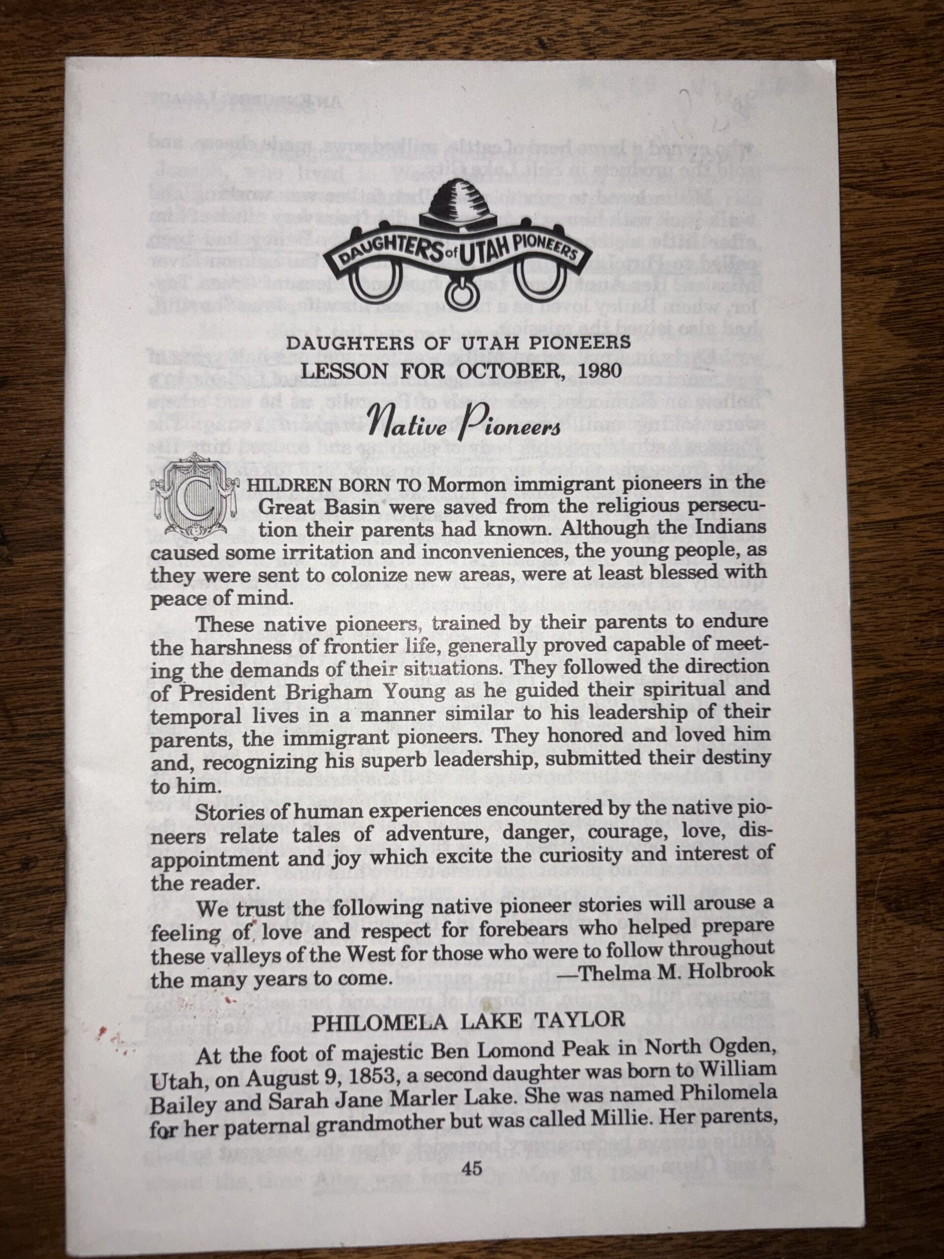 Daughters of Utah Pioneers Lesson for October, 1980 Pamphlet