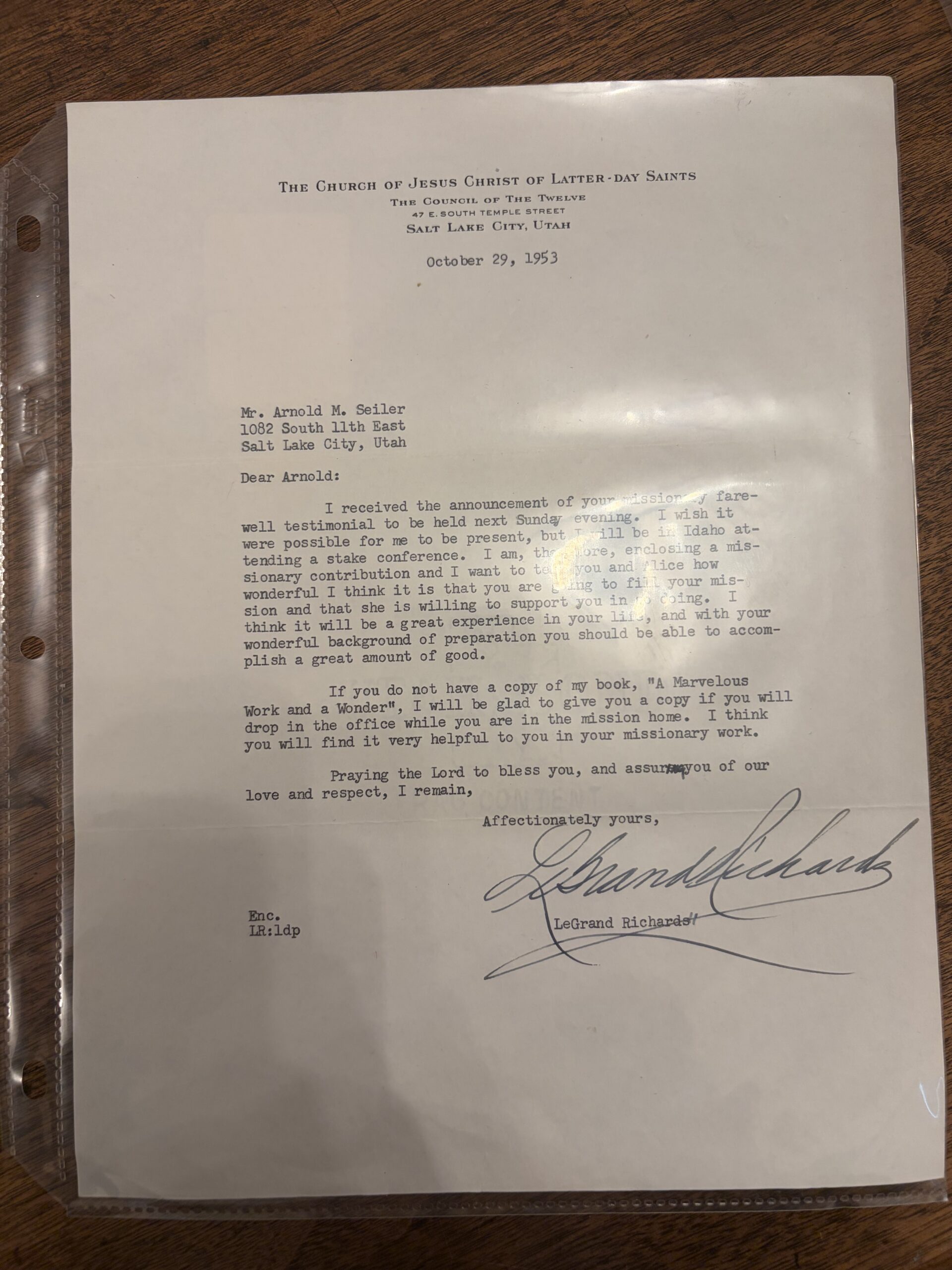 Letter Signed by LDS Apostle LeGrand Richards – October 29, 1953