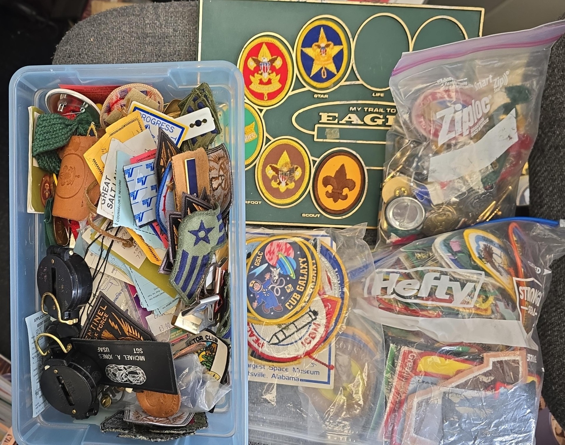Box Full of Scouting Badges, Medals, Etc.. & A Scout Uniform, and a NASA Space Camp Uniform — More than 200 Items!