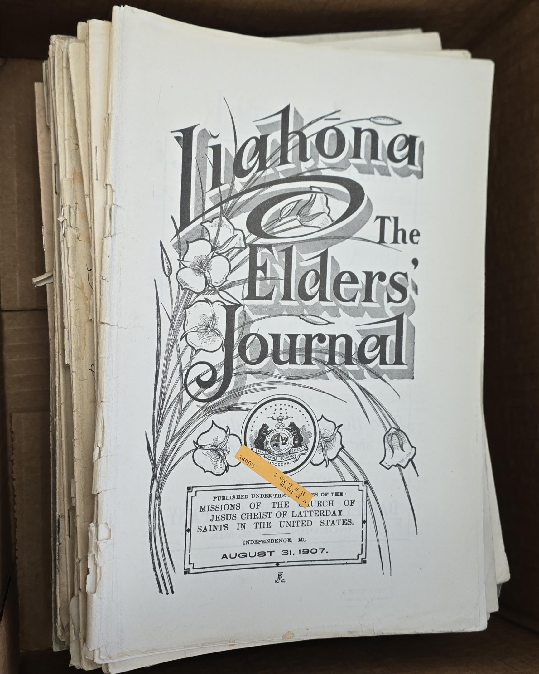 Box with Huge Stack of Misc. Issues of 1907 Liahona: The Elders Journal