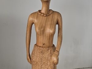 Carved Piece of Wood — 12″ Tall — African Woman in Skirt, Topless, with Pot on Head?